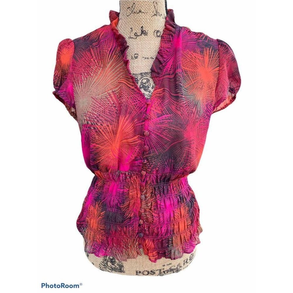🍒 2/$20 🍒 Multicolored Sheer Starburst Pattern Blouse Bunched Waist sz M